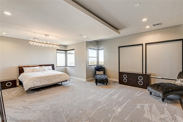 bedroom featuring light carpet, recessed lighting, visible vents, and baseboards