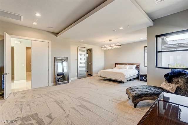 bedroom featuring carpet flooring, visible vents, and recessed lighting