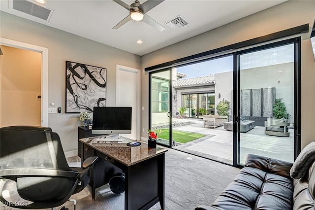 carpeted office featuring a ceiling fan, recessed lighting, visible vents, and baseboards