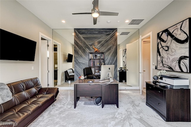 home office with light carpet, visible vents, a ceiling fan, and recessed lighting