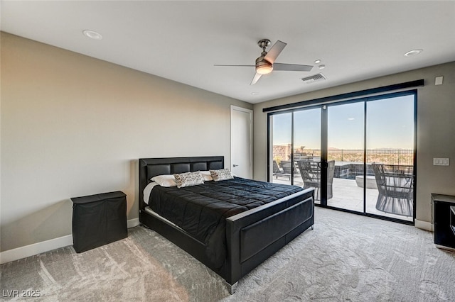 carpeted bedroom featuring access to outside, visible vents, ceiling fan, and baseboards