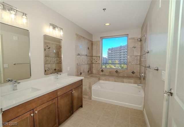 8255 Las Vegas Blvd Unit 415, Las Vegas, NV 89123 - bathroom featuring a tub to relax in, tile patterned flooring, double vanity, a shower, and recessed lighting