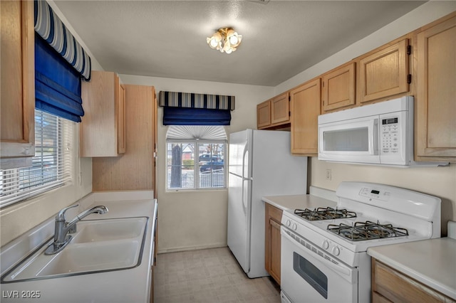 kitchen featuring light countertops, white appliances, light floors, and a sink