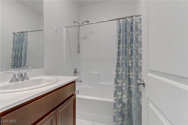 full bathroom with shower / bath combo with shower curtain and vanity