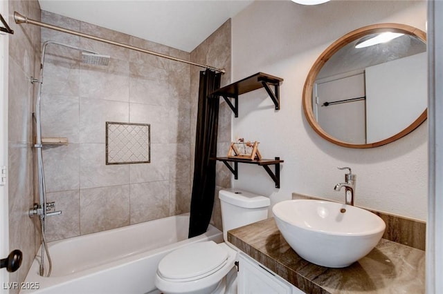 bathroom featuring vanity, toilet, and shower / bathtub combination with curtain