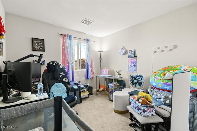 carpeted bedroom featuring visible vents