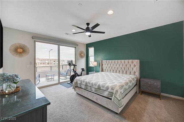 bedroom with baseboards, access to outside, visible vents, and carpet flooring