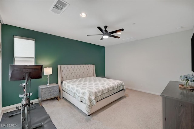 bedroom with recessed lighting, carpet flooring, a ceiling fan, visible vents, and baseboards