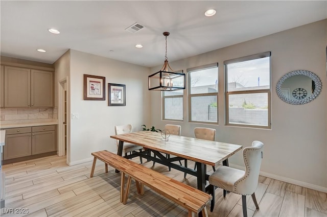 dining area with wood finish floors, visible vents, baseboards, and recessed lighting