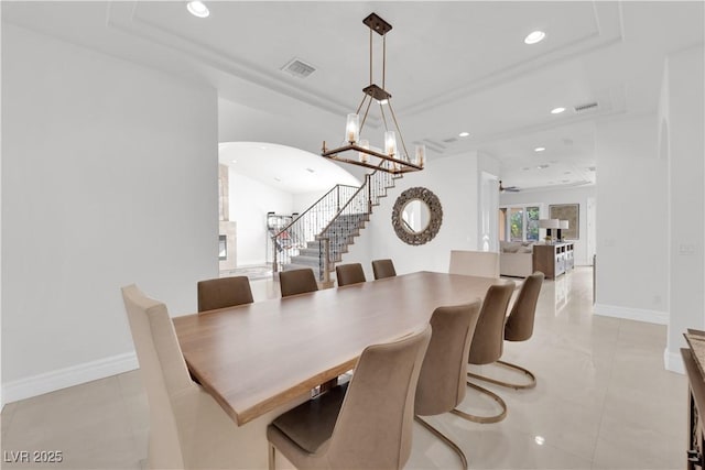 dining space with visible vents, stairway, baseboards, and recessed lighting