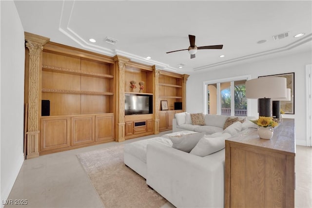 living room featuring a ceiling fan, recessed lighting, and visible vents