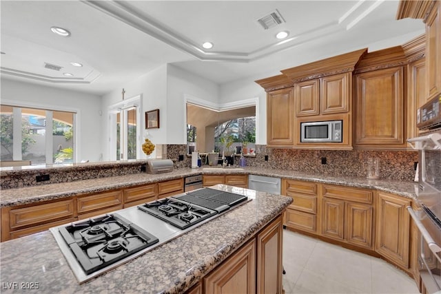 kitchen with appliances with stainless steel finishes, plenty of natural light, a raised ceiling, and visible vents