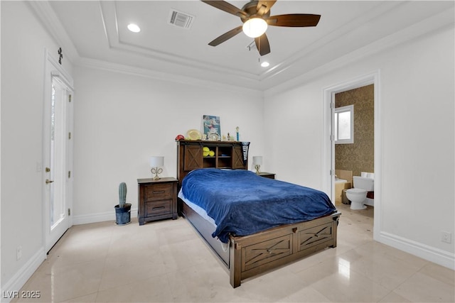 bedroom with crown molding, recessed lighting, a raised ceiling, visible vents, and baseboards