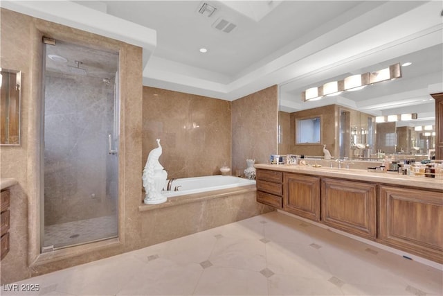 full bathroom with a garden tub, recessed lighting, visible vents, vanity, and a shower stall