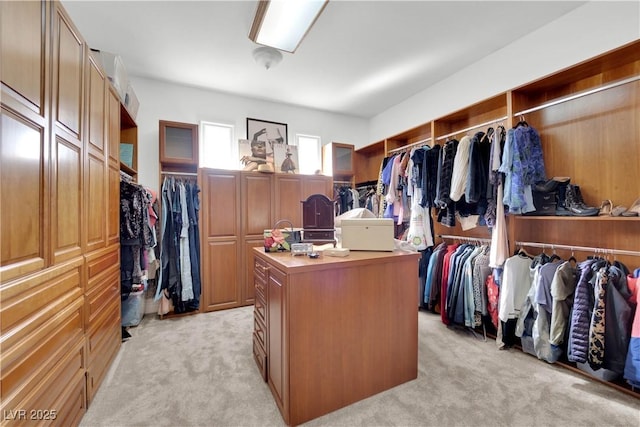 walk in closet featuring light carpet