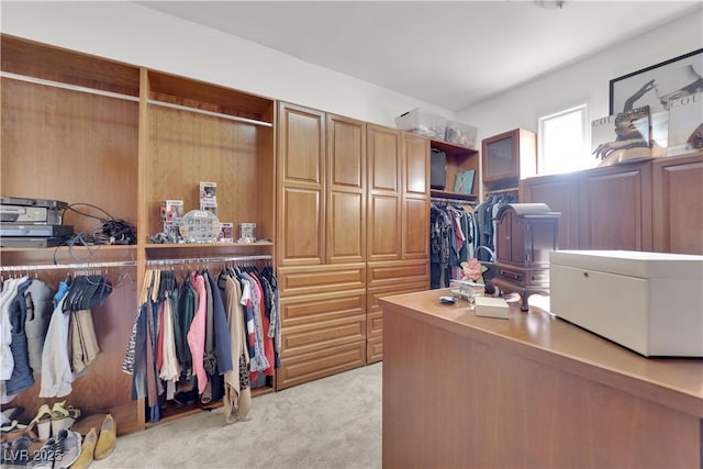 walk in closet featuring light colored carpet