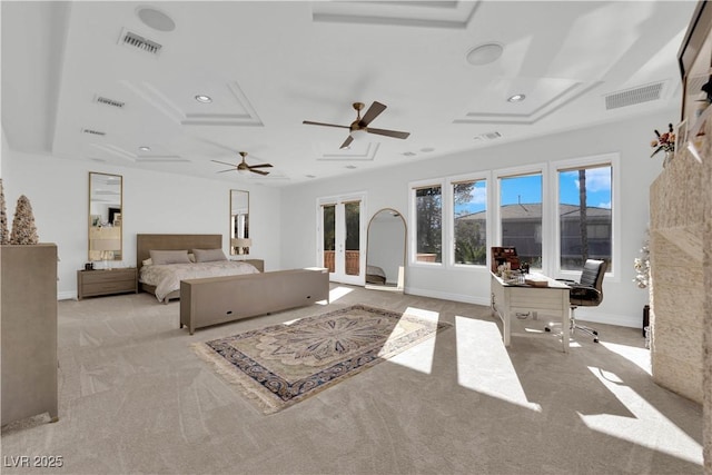 bedroom featuring french doors, visible vents, and baseboards