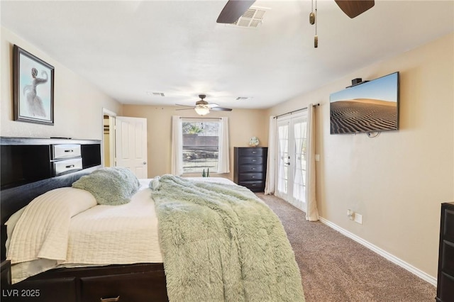 bedroom featuring carpet, french doors, visible vents, access to outside, and baseboards