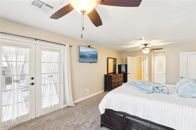 bedroom featuring baseboards, french doors, visible vents, and light colored carpet