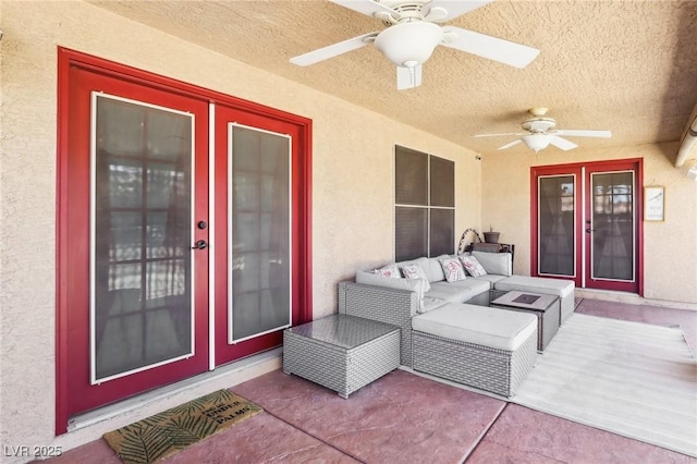 view of patio with ceiling fan and outdoor lounge area