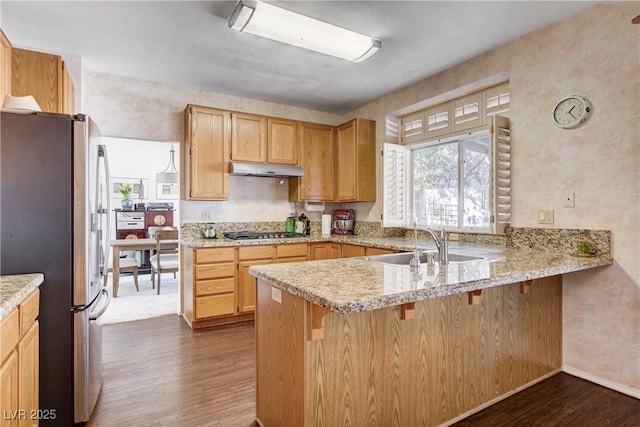 kitchen with a kitchen breakfast bar, dark wood-type flooring, a peninsula, stainless steel appliances, and a sink