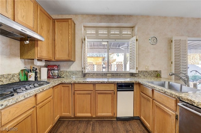 kitchen with dark wood-type flooring, stainless steel appliances, light countertops, under cabinet range hood, and a sink