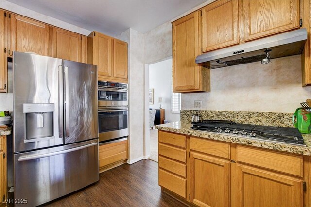 kitchen featuring appliances with stainless steel finishes, dark wood finished floors, light stone counters, and under cabinet range hood