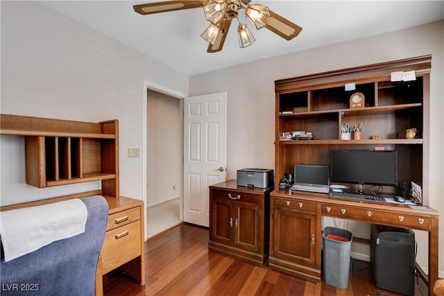 home office with ceiling fan and wood finished floors