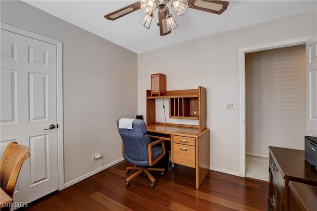 office space with dark wood-type flooring, ceiling fan, and baseboards