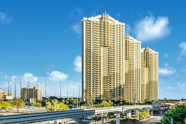 view of building exterior with a city view