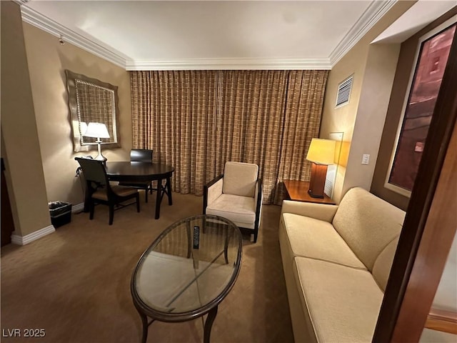 sitting room featuring carpet, visible vents, crown molding, and baseboards