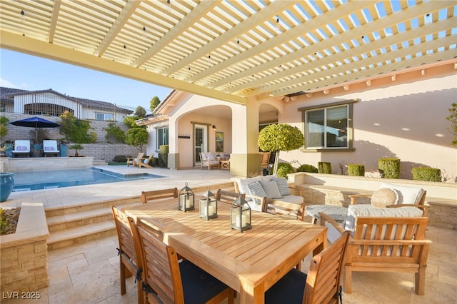 view of patio / terrace featuring fence, a fenced in pool, outdoor dining area, a pergola, and an outdoor hangout area