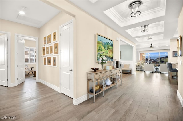 hallway with a tray ceiling, a healthy amount of sunlight, and wood finished floors