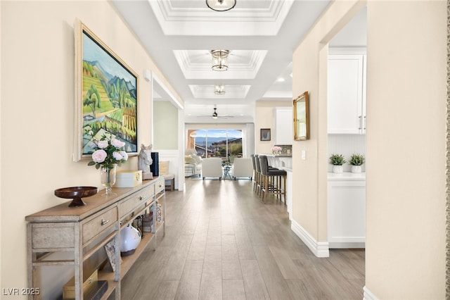 corridor featuring a raised ceiling, light wood-style floors, and ornamental molding