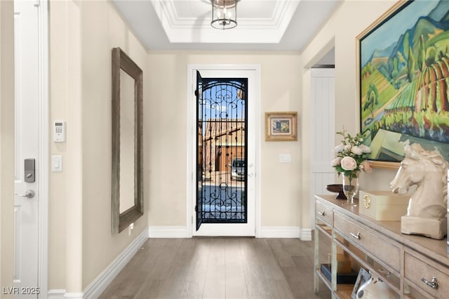 foyer with ornamental molding, a raised ceiling, baseboards, and wood finished floors