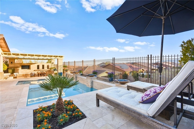 view of pool featuring a fenced in pool, an outdoor living space, fence, a pergola, and a patio