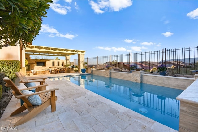 view of pool featuring a patio area, fence, and a fenced in pool