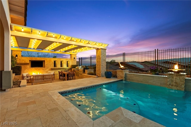 pool at dusk with a patio, a fenced in pool, fence, and a pergola