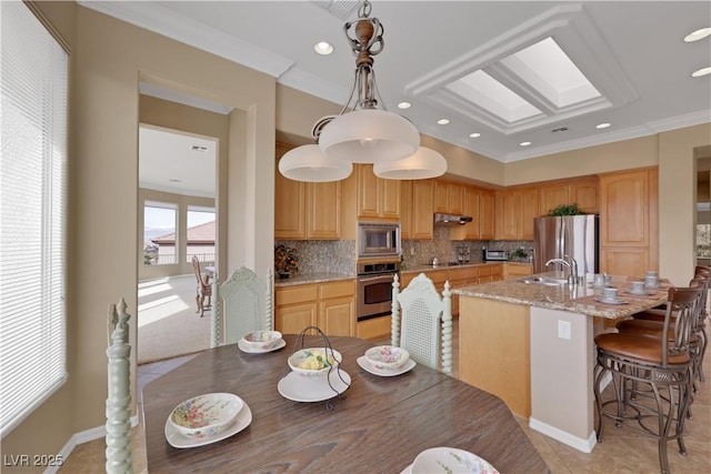 kitchen with a sink, under cabinet range hood, backsplash, stainless steel appliances, and a skylight