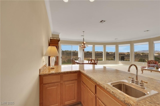 kitchen featuring light stone counters, visible vents, a wealth of natural light, and a sink