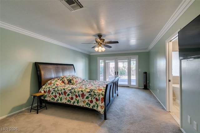 bedroom with access to exterior, french doors, carpet flooring, and visible vents