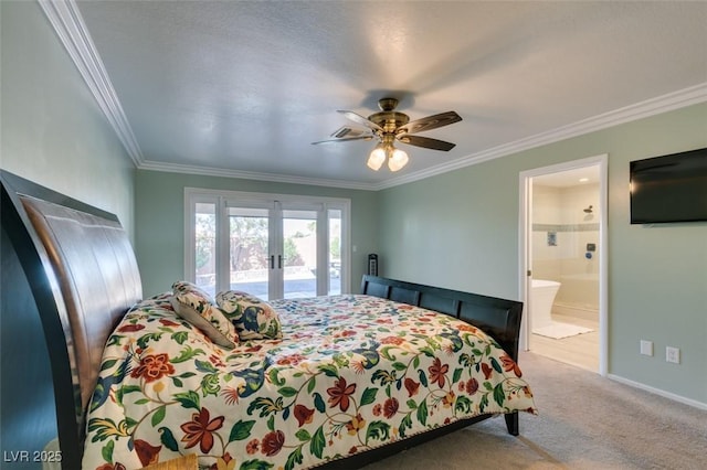 bedroom featuring ensuite bath, ornamental molding, carpet, access to outside, and french doors