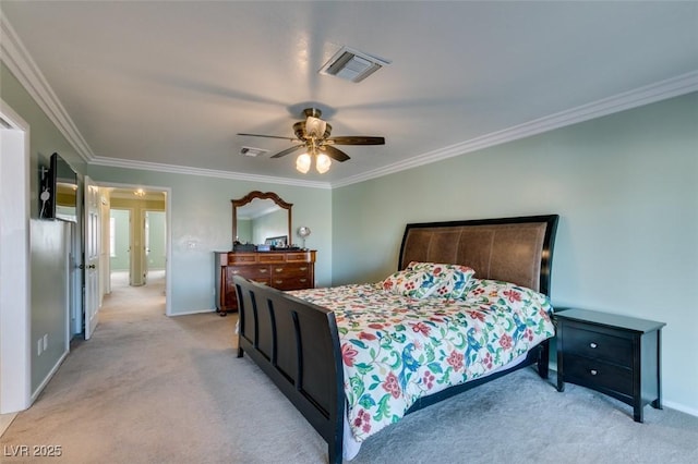 bedroom with baseboards, visible vents, ornamental molding, and light colored carpet