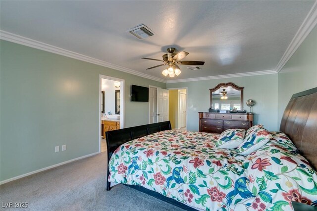 carpeted bedroom with visible vents, crown molding, baseboards, and ceiling fan