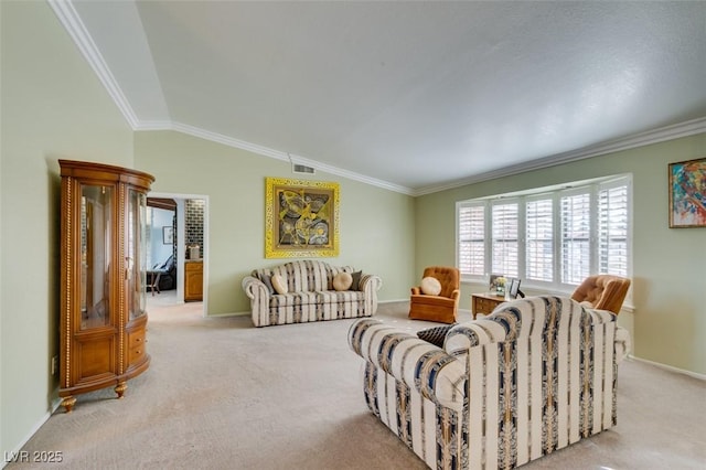 carpeted living area with vaulted ceiling, ornamental molding, visible vents, and baseboards