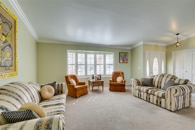 carpeted living room featuring crown molding