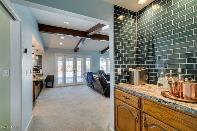 office with light carpet, recessed lighting, beam ceiling, and french doors