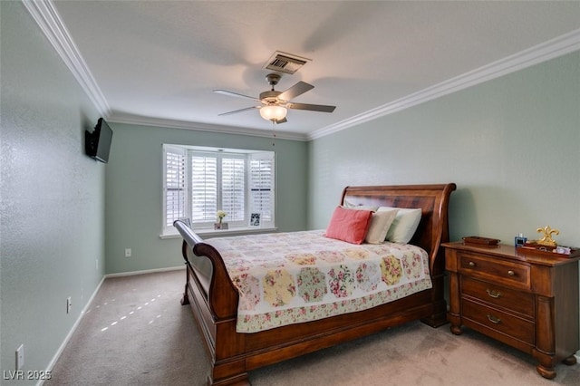 bedroom featuring crown molding, light colored carpet, visible vents, a ceiling fan, and baseboards