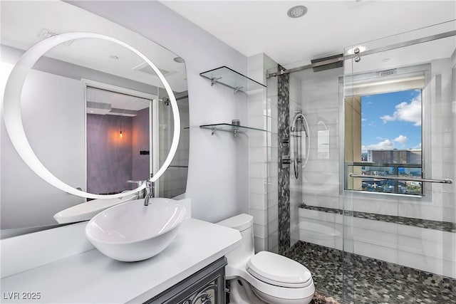 full bathroom with toilet, a shower stall, and vanity