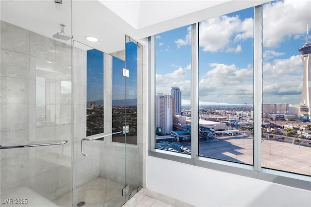 bathroom with a stall shower and a view of city